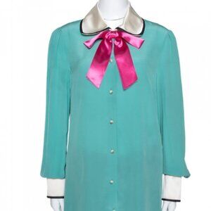 Gucci Aqua silk long sleeve blouse with pink bow SZ 36